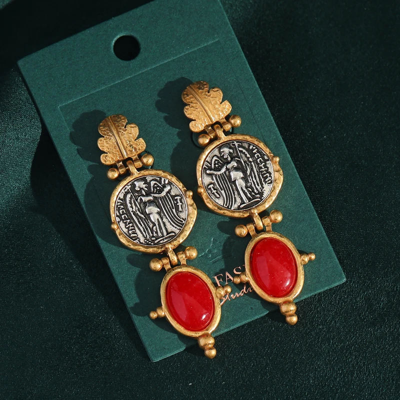 

Vintage Long Red Natural Stone Drop Coin Earrings Pendant Antique Gold Color Jewelry Accessories For Woman Luxury Designer 2025