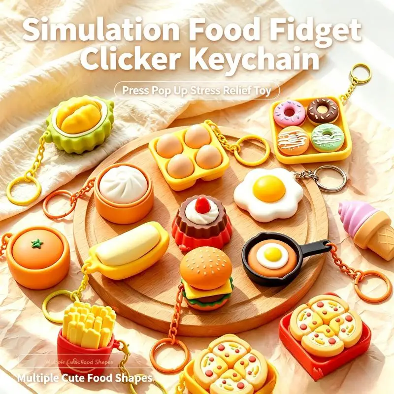 Cute Simulation Food Fidget Clicker Keychain Mini Press Pop Up Fidget Toy Portable Stress Relief Sensory Toy Gift For Kids Teens
