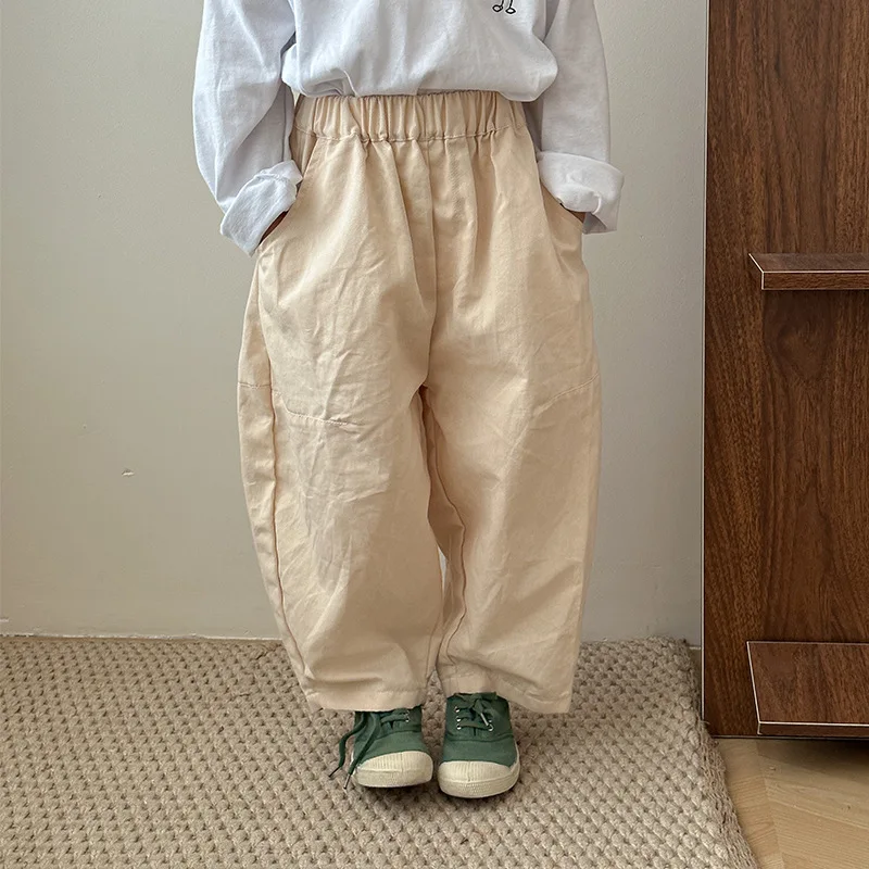 2024 Spring Autumn Boy Girl Children Loose Casual Pants Baby Solid Cotton Trousers Kids Pockets Fashion Pants Toddler Costume