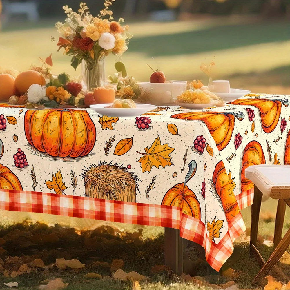 1pc Fall Pumpkin Harvest Tablecloth Rustic Gingham Edge Maple Leaf Hay Bale Pattern Waterproof Table Cover Outdoor Indoor Dining