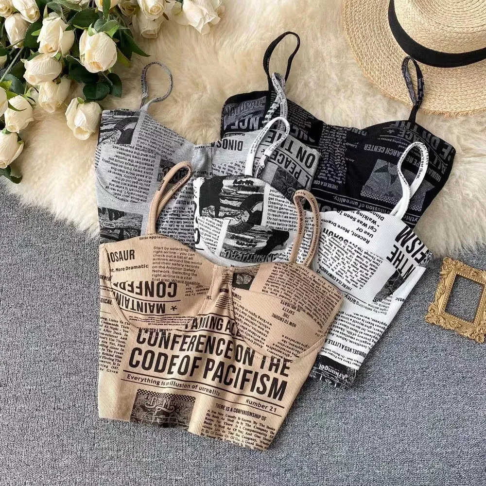 

Newspaper Letter Print Women Push Up Camisole With Bra Sexy Top Women Suspender Tank Fashion Camis Female Soft Sleeveless Top