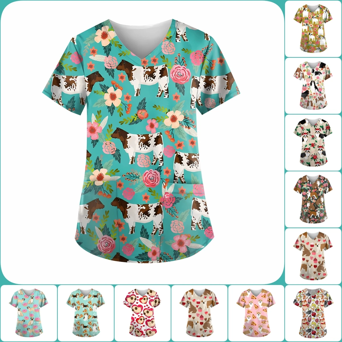 New 3d Printing Cartoons Lightweight Surgical Gown Tee Short-Sleeved Operating Room Doctor's Scrub Top Overalls Nursing Uniforms