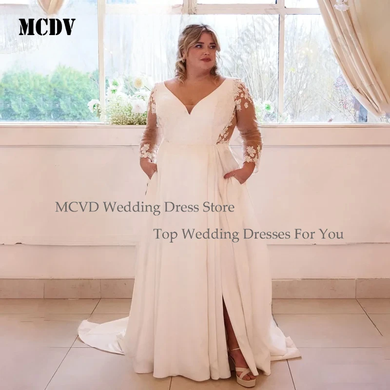

MCDV Vintage Satin Wedding Dress for Plus Size Women V Neck Long Sleeve with Pockets Applique Split Customized Bridal Gowns