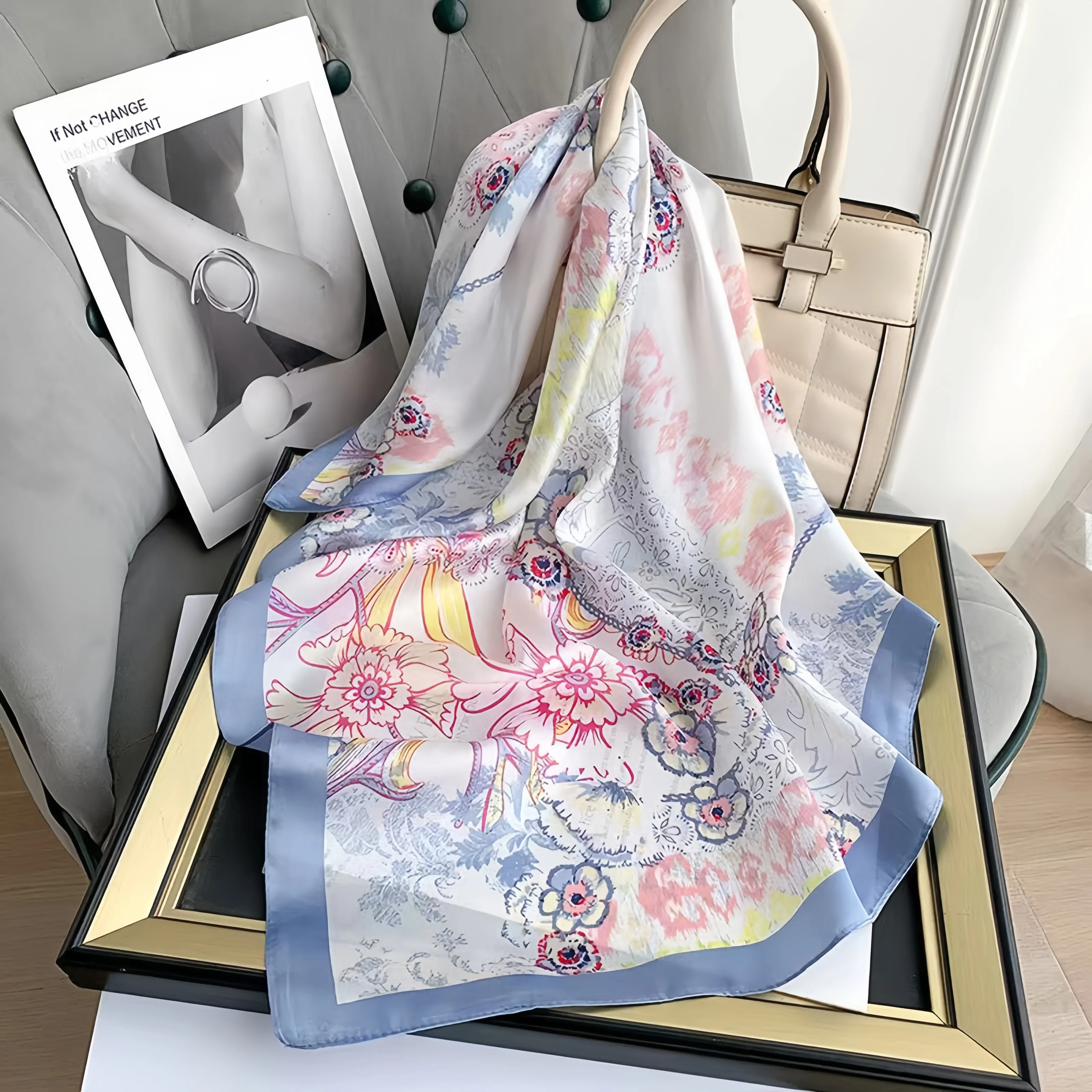 

4 Colors Women's Flower Forest Silk Scarf Floral Small Satin Square Scarves Headband Shawl Bandana Hair Wrap Neckkerchief 70cm