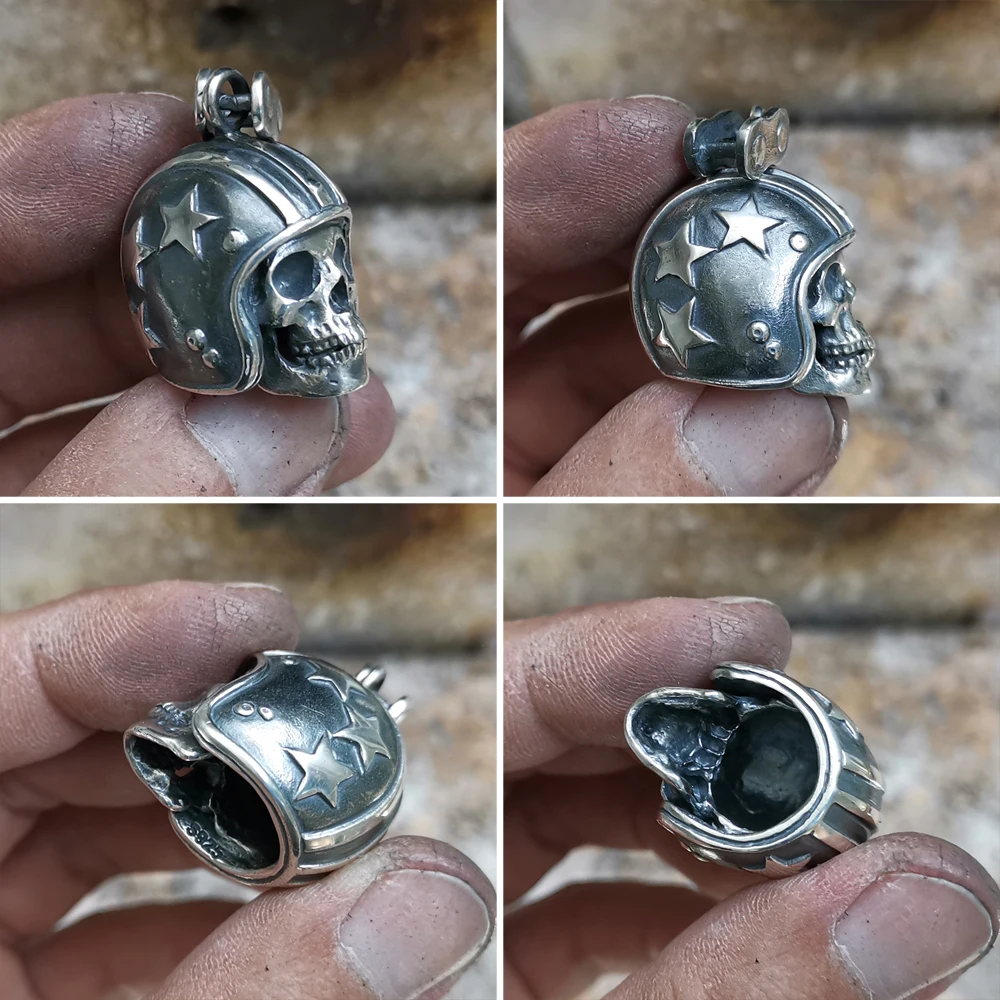 925 Sterling Silver Motorcycle Helmet Skull Pendant Punk Jewelry TA19 BZ