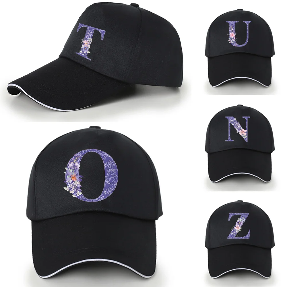Unisex Purple Flower Pattern Baseball Cap Outdoor UV Protection Sun Hat Sport  Hip Hop Snapback Caps Golf Hats for Men Black Cap