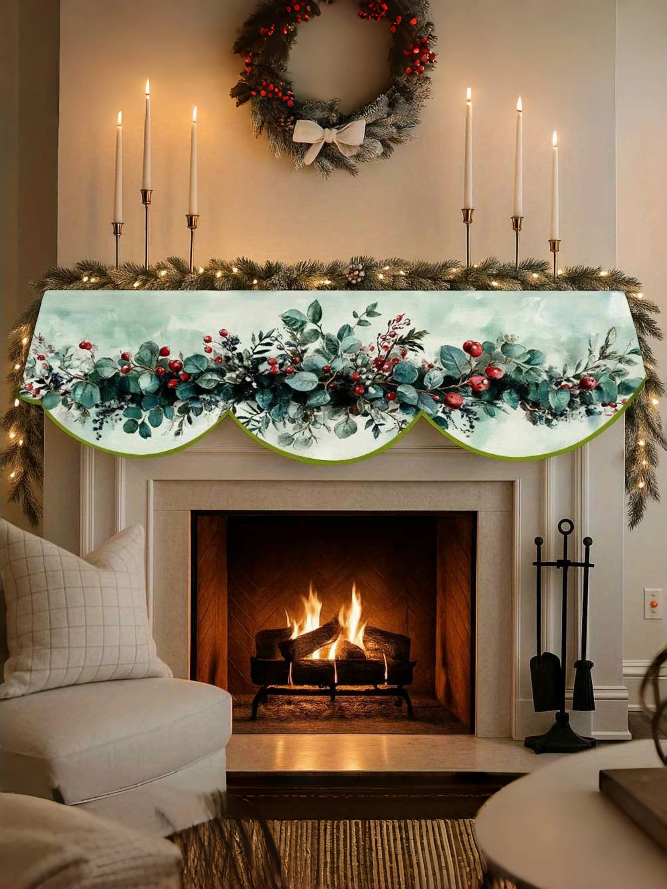 1 Festive Christmas Fireplace Scarf - Blooming floral theme, perfect holiday decoration, perfect for your home living room