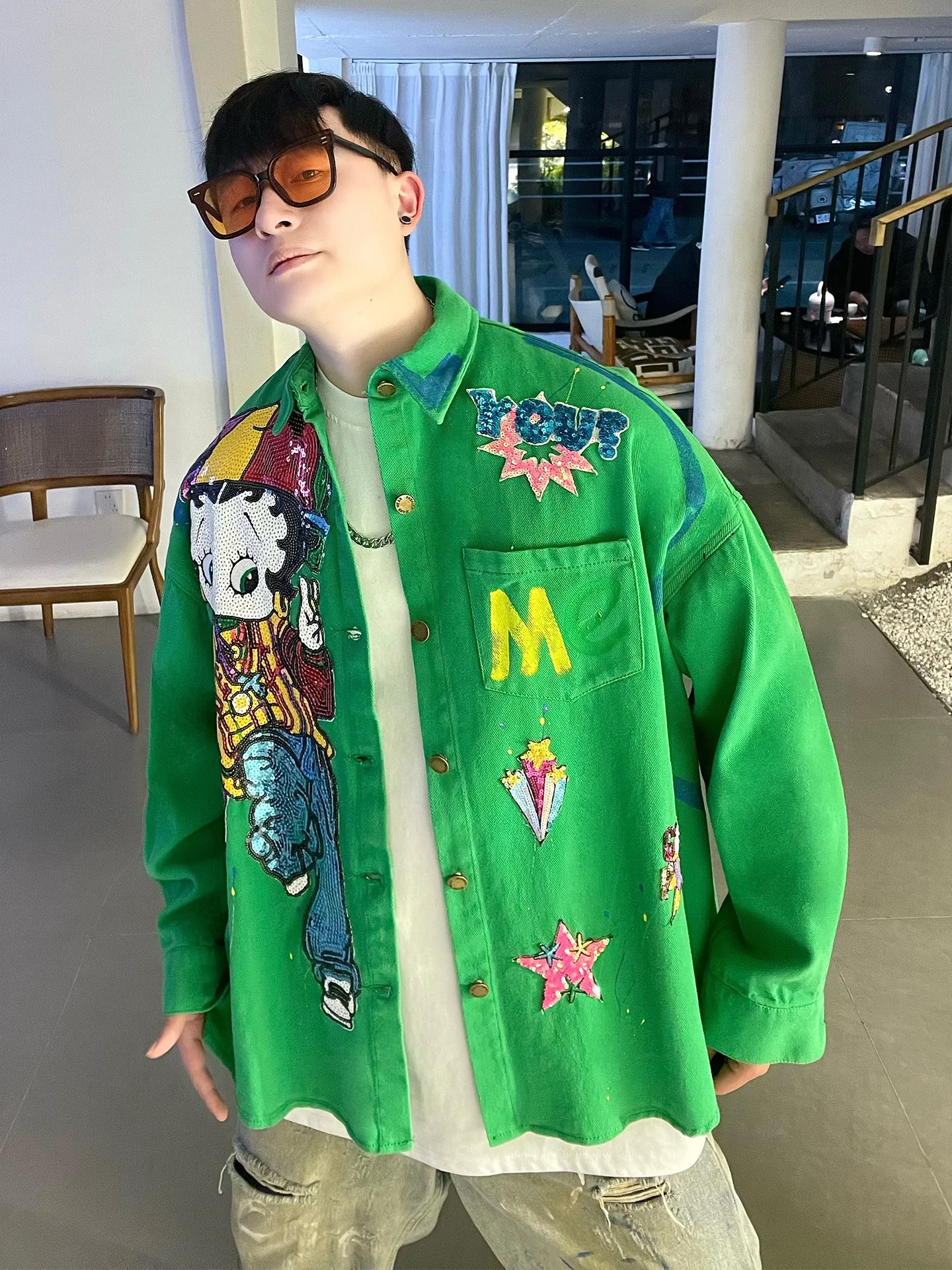 

Джинсовая рубашка Bet Miss fiti с пайетками, свободного кроя, с длинным рукавом, модный дизайн, для пар, хлопковая, молодежная, повседневная, весенняя