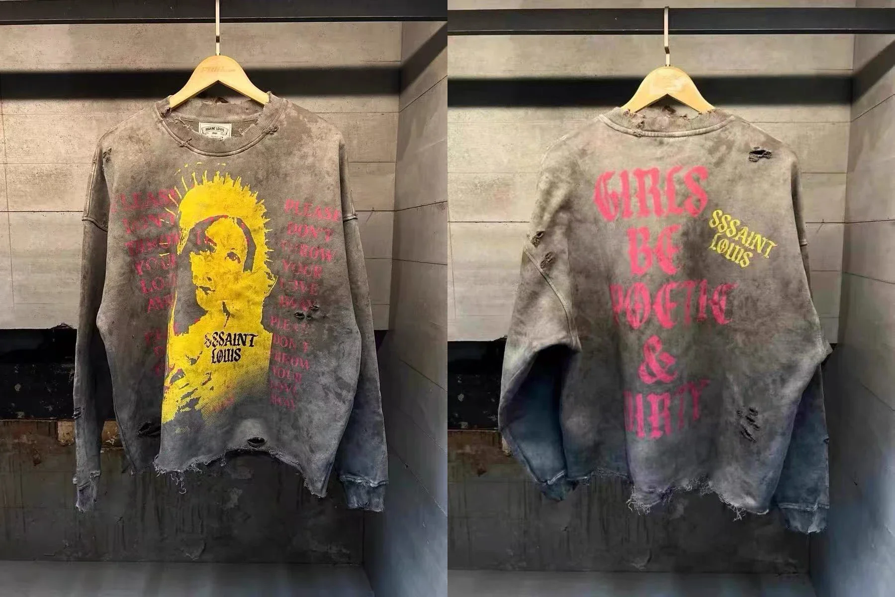 High  Quality 25ss Washed Distress SSSAINT LOUIS Long Sleeve T-Shirt Print  Fashion Men Women Cotton Vintage Wear Holes Style Bl