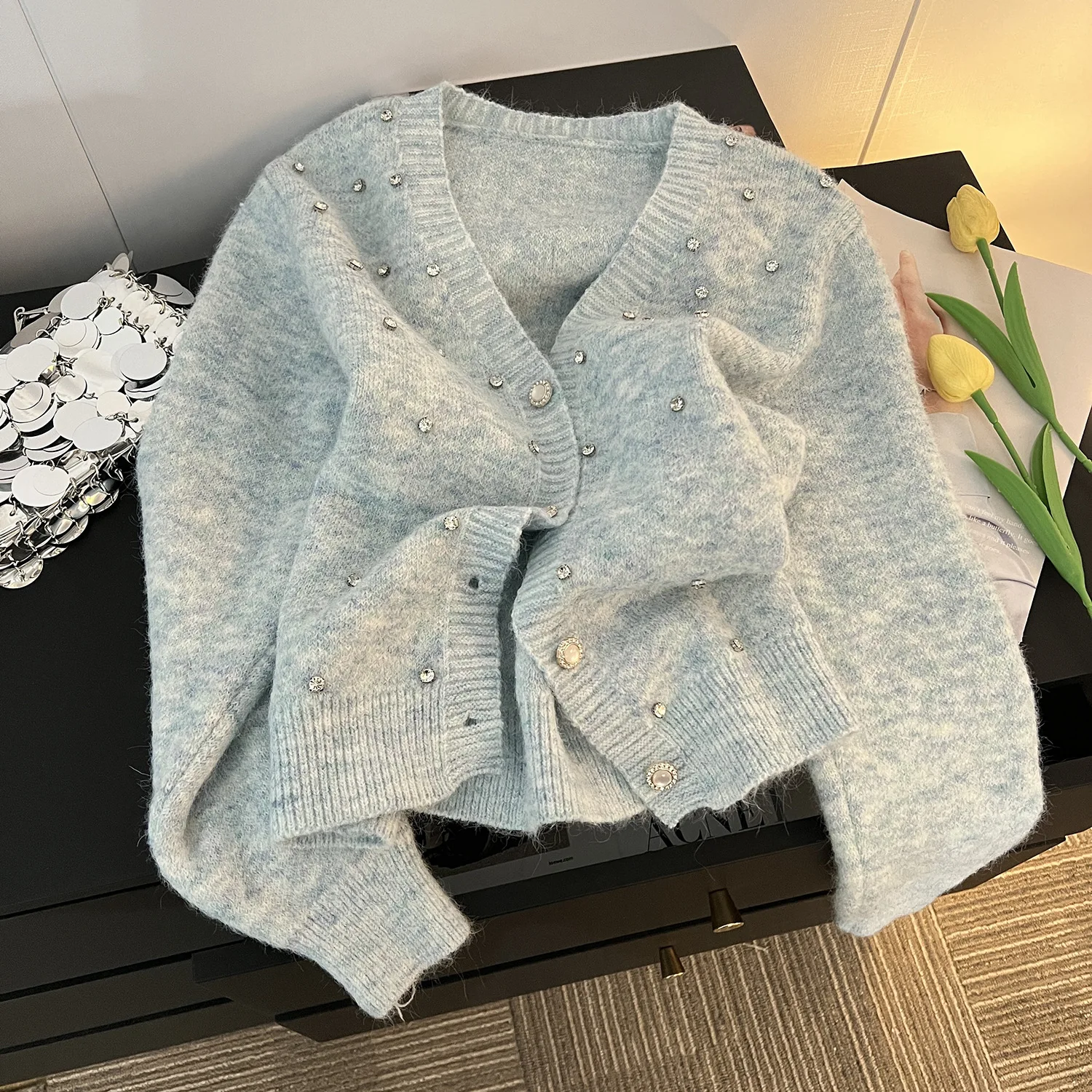 2026 Temperament Fashion Nail Diamond Soft Waxy Knitted Cardigan Sweater Autumn and Winter New High-end Long-sleeved Top Jacket