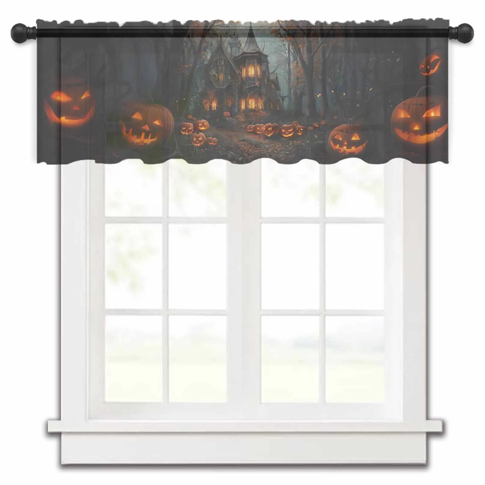 Halloween Castle Pumpkin Vintage Bat Grove Kitchen Small Window Curtain Tulle Sheer Short Curtain Living Room Voile Drapes