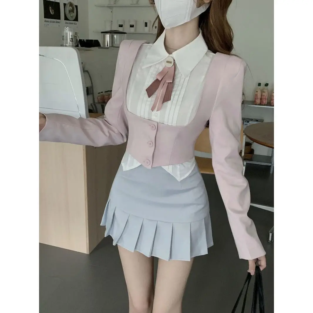 Fashion 3 Piece Set Skirt Woman Kawaii Uniform Suit Casual Shirt + Pink Short Tops + Slim Y2k Mini Skirt Japanese 2023 Autumn