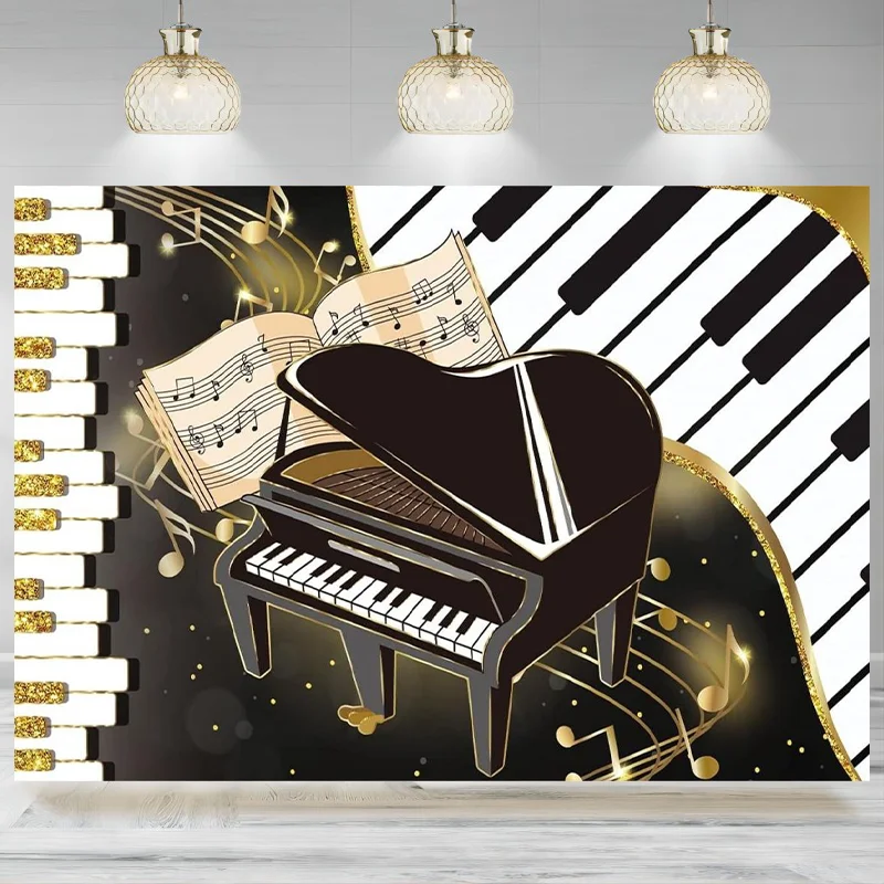 Piano Backdrop Musical Notes Keyboard Bday Baby Shower Photographic Background Kids Birthday Party Cake Table Decor Banner Prop