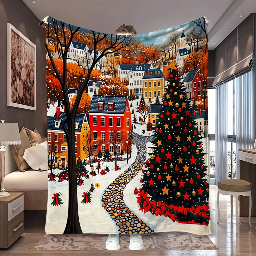 1pc Winter Town Christmas Tree Street Landscape Print Flannel Blanket, Skin-friendly and Cozy, Suitable for Blankets, Kid Bed Co