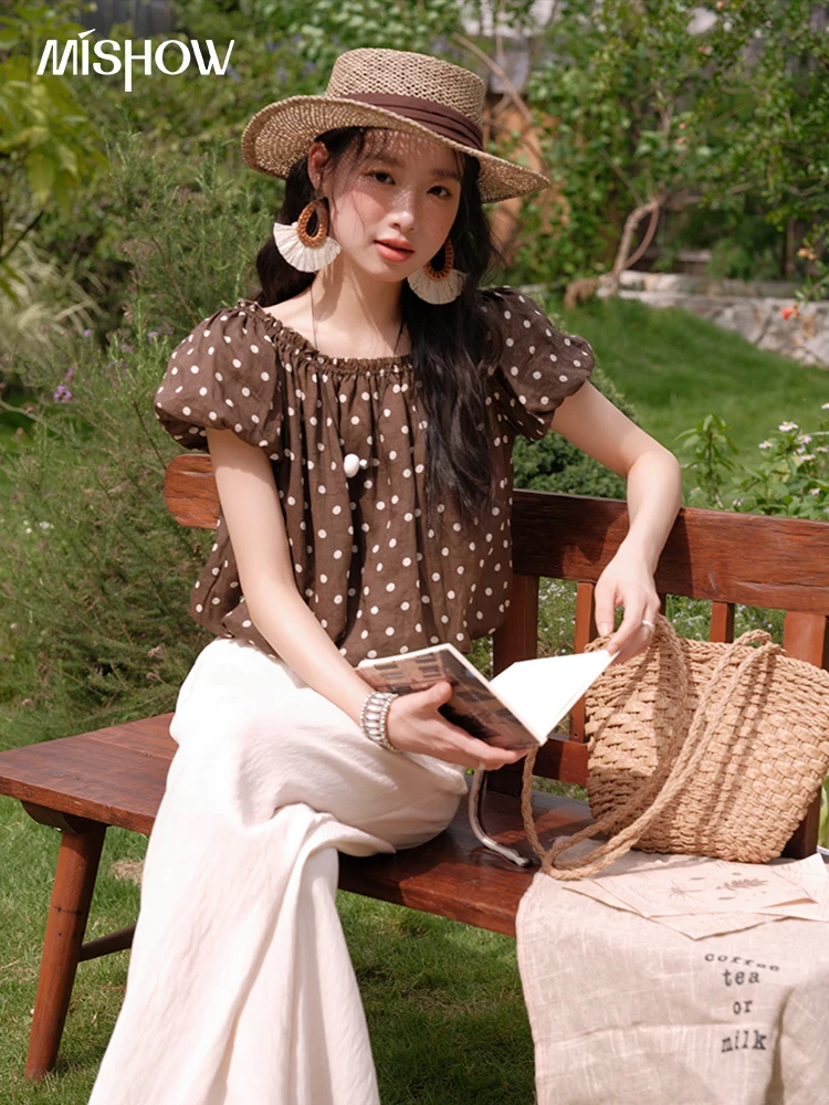 MISHOW Set Dua Potong Wanita Blus Lengan Puff Satu Bahu Polka Dot Fashion Musim Panas 2025 Set Celana Kaki Lebar Kasual MXE38T0683