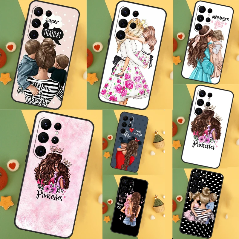 Beautiful Mother Daughter Son Case For Samsung Galaxy S24 S23 S22 Ultra S21 S20 FE Note 20 Note 10 S8 S9 S10 Plus Cover