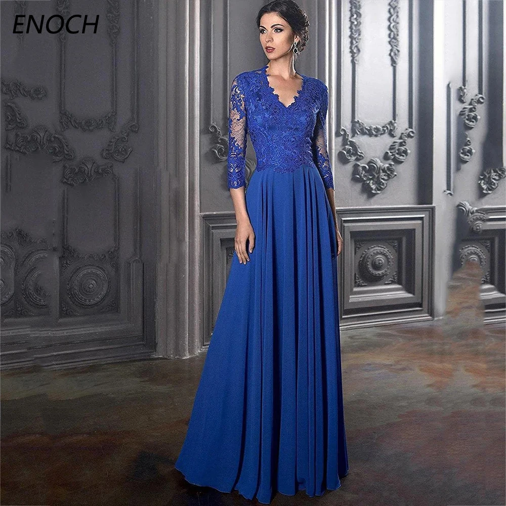 Enoch-vestidos elegantes con cuello en V para madre de la novia, Mangas de tres cuartos, apliques de gasa, línea A, vestidos de fiesta de boda, largo hasta el suelo