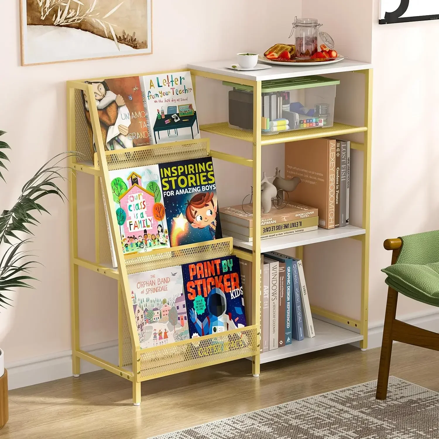 Bookshelf, Wooden Kids Bookshelf with 3-Tier Ladder Book Display Rack, Small Book Shelf Library Bookcase Storage Organiz