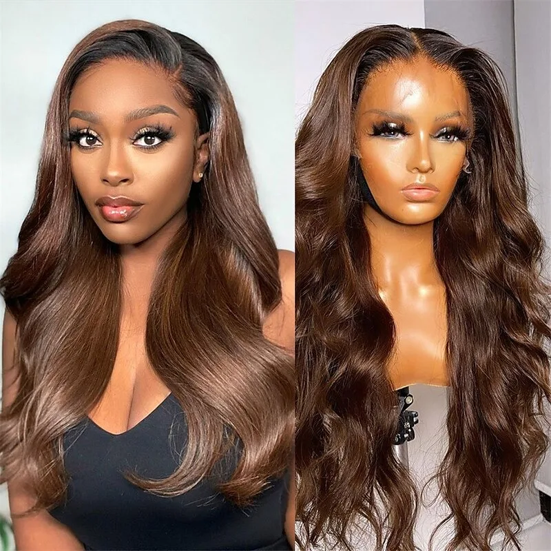 TB Chocolate Brown 13x4 Body Wave Lace Front Wigs Human Hair Pre Plucked 180% Density HD Full Lace Frontal Wig Colored Dark Root