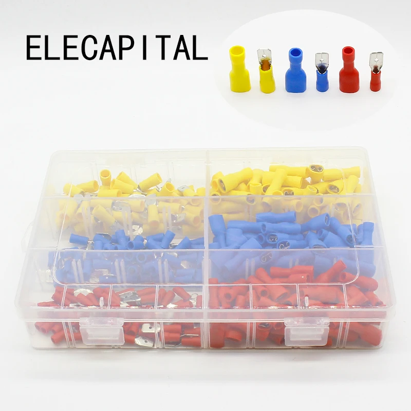 300pcs Red Blue Yellow Spade Crimp Terminals Fully Insulated Electrical Connectors Audio Wiring