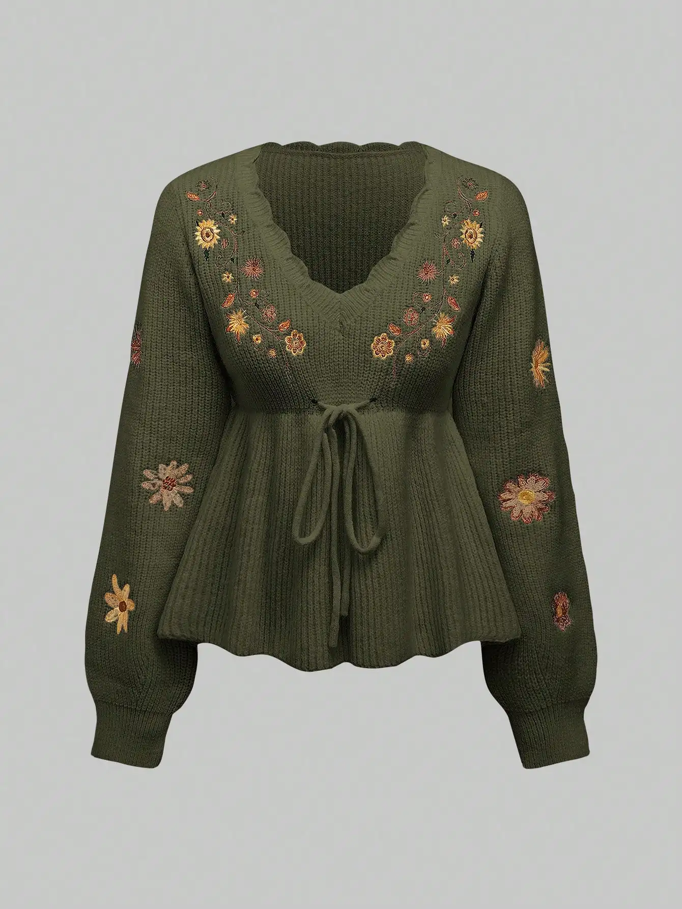 

Оливково-зеленый свитер с вышивкой цветочным узором, V-образным вырезом, пэплумом и завязками на талии