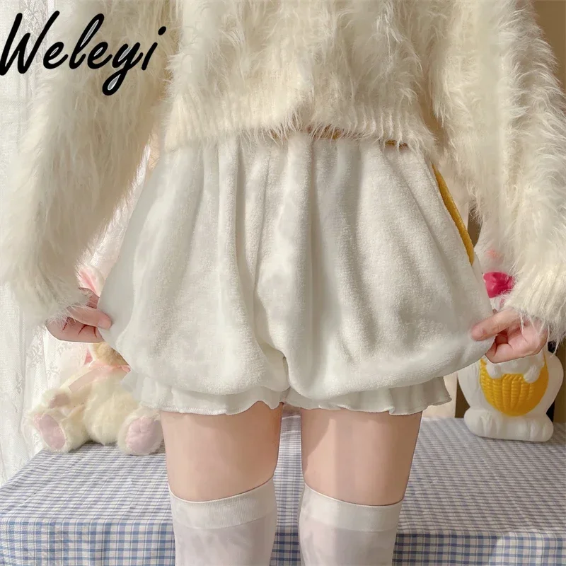 Lolita Fleece Warm Lantern Base Shorts Women's 2024 Winter Fashion New Super Cutecore Corgi Butt Tail Casual Loose Pumpkin Pants