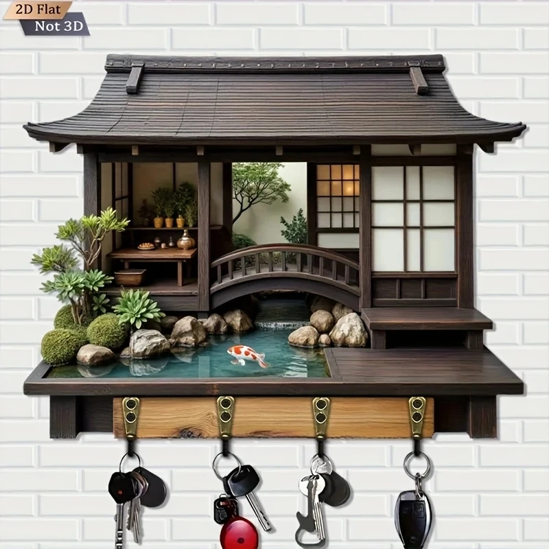 2D Retro Japanese-Style Wooden Key Hook Multi-Functional Home Key Holder for Porch Wall Decoration And Kitchen Storage