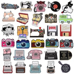 Cartoon Machine Metal Brooch Car Sewing Machine Phone Music CD Typewriter Camera Ruler Storage Card Badge Punk Pins Jewelry Gift