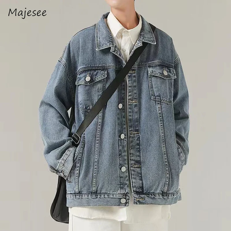 

Denim Jackets Men Chic Oversize Spliced Korean Style Harajuku Long Sleeves High Street Youthful Popular Couple Overcoats Autumn