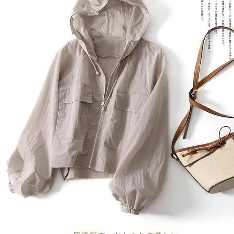 Polyester Nylon Woven Lightweight Breathable Hooded Women's Sun Protection Clothing Fashionable Insert Shoulder Sleeve Thin
