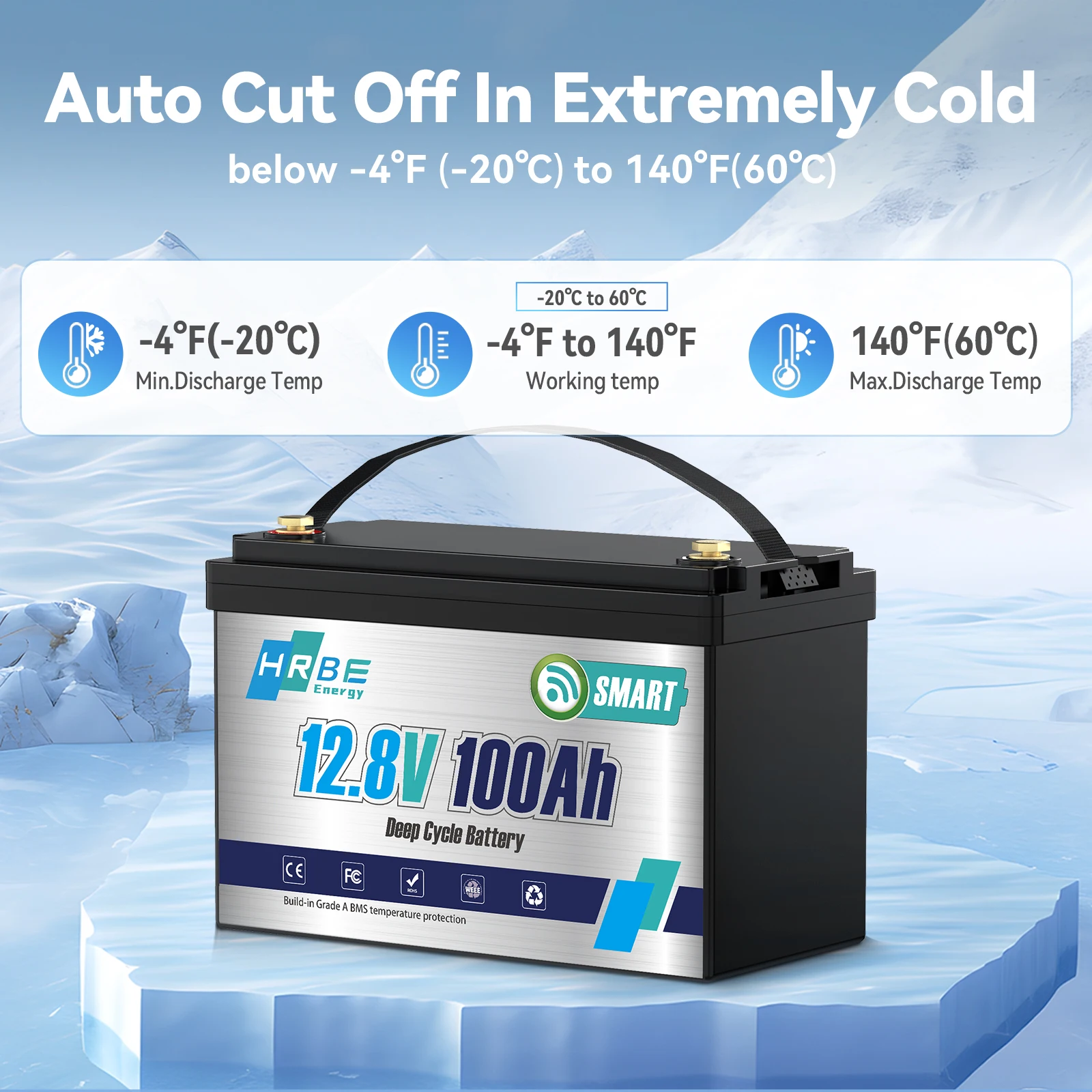 HRBEEnergy 12V 100AH LiFePO4 Lithium Battery Pack Bluetooth 100A BMS For Off-Grid Trolling Motor Campers Home Energy Storage