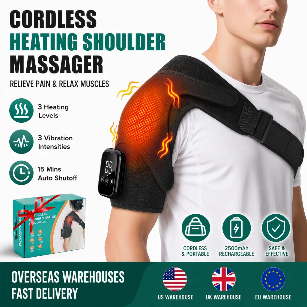 Electric Heated Shoulder Massager With 3 Heat Levels 3 Vibration Modes, Rechargeable Shoulder Support Wrap with Timer and Touch Screen, Extended Straps