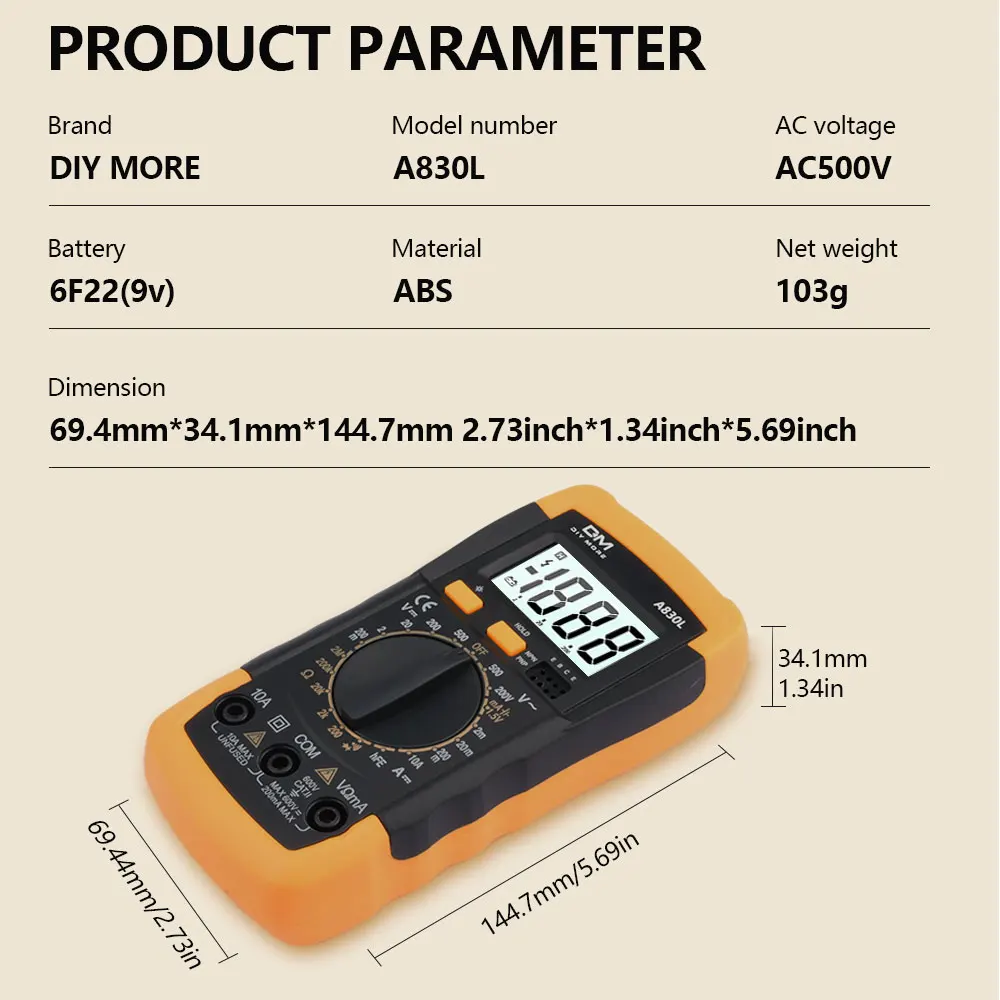 diymore A830L LCD Digital Multimeter Electric Ammeter Voltmeter Tester Current Meter Handheld DC AC Voltage Diode Freguency Tool