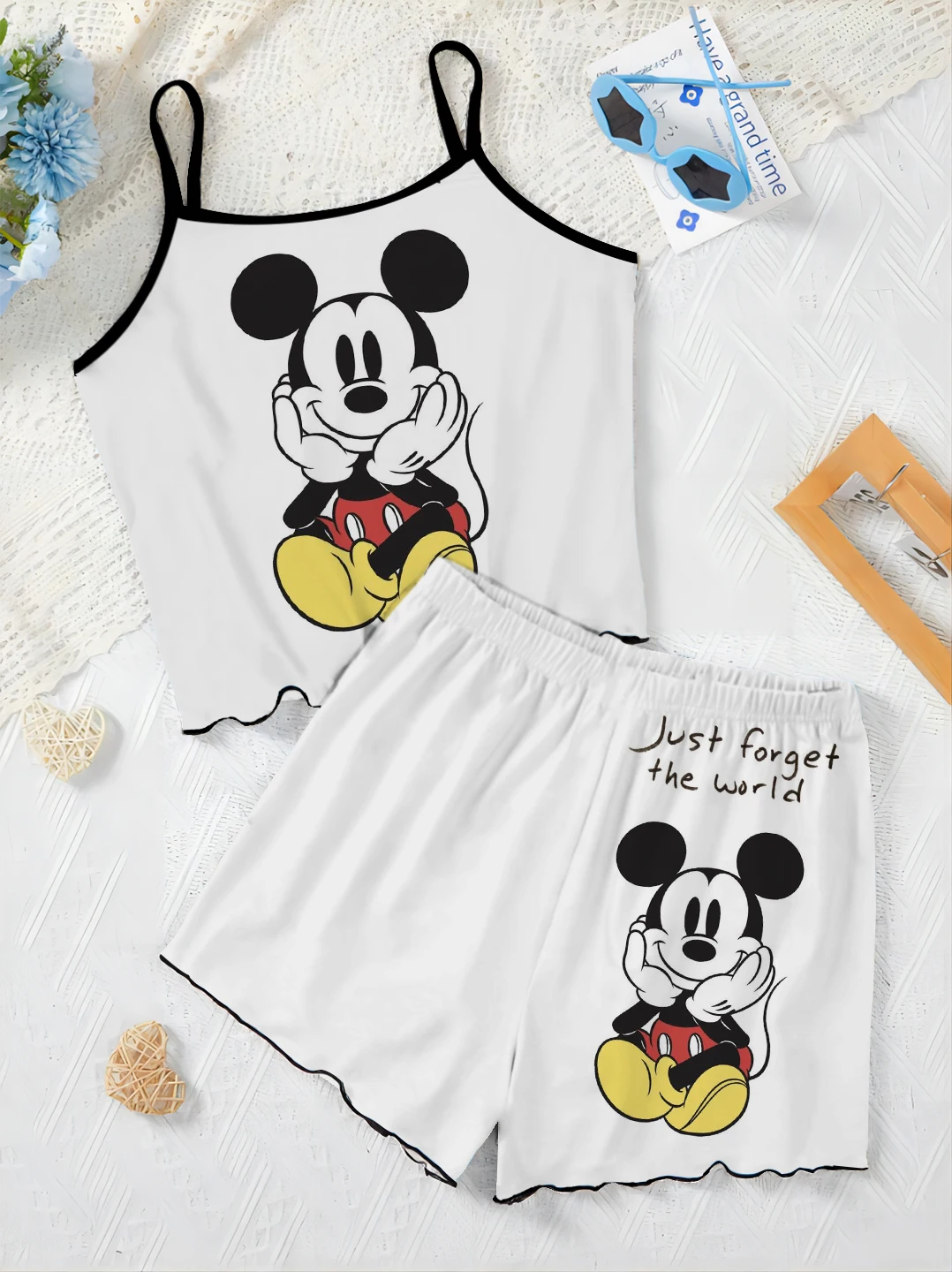 Slip Dress pigiama gonna lattuga Trim Mickey t-shirt abito da donna Disney Minnie Mouse Short set Top Pieces elegante Disney Mickey