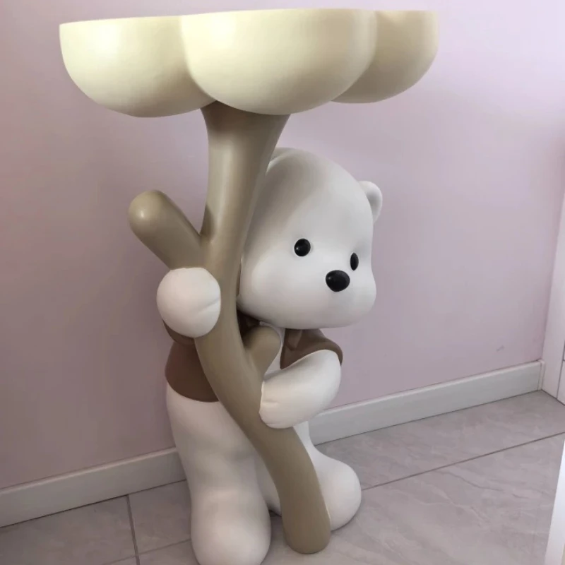 Cream Resin Bear Side Table Animal Shaped Sofa Coffee Table Living Room Decor Cute Flower Holding Ornament Home Furniture Gift