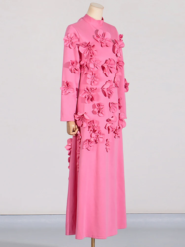 Sexy O Neck Flowers Appliques A-line Dress Women Pink Floral Long Sleeve Lace-up Slim Dresses Elegant Evening Party Gowns