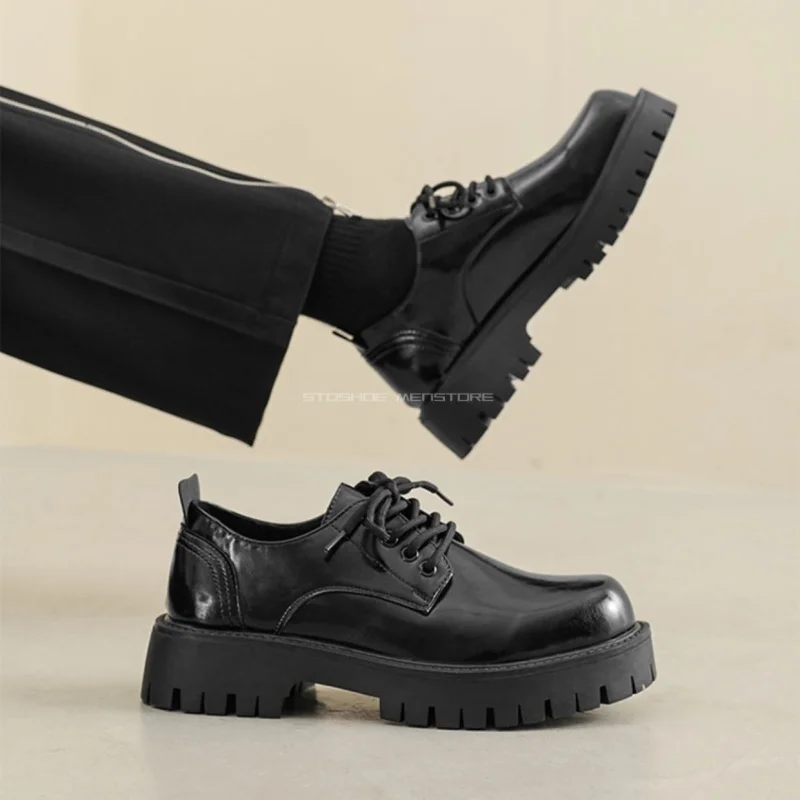 British Vibe Derby Shoes for Men Thick Soled Leather Shoes, Men's Casual Business Attire Height Up Lace Up Round Toe Shoes