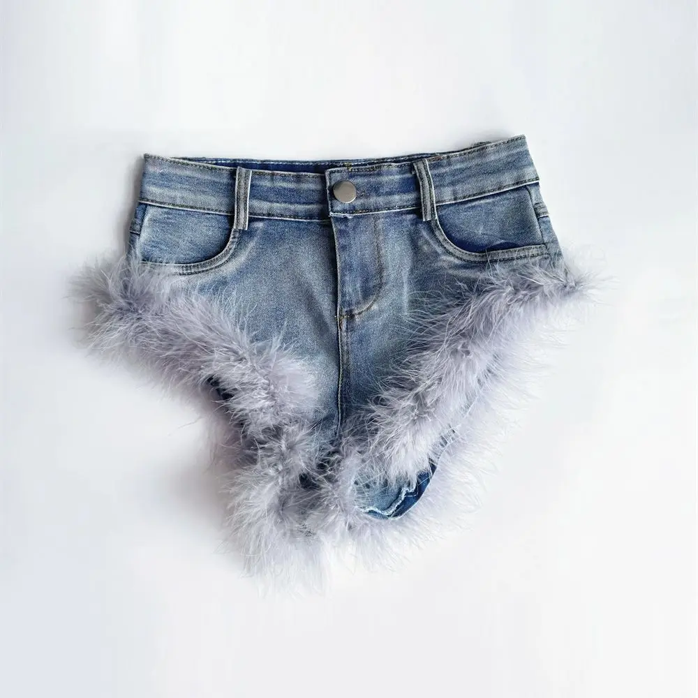 European And American Spice Girls High Waist Feathers Denim Show Your Hips Shorts For Women 2024 New