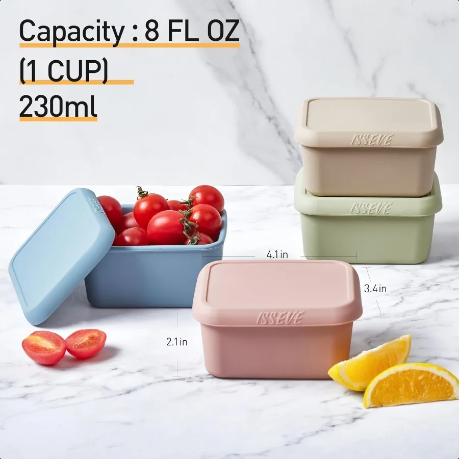 ISSEVE 8oz حاويات الوجبات الخفيفة من السيليكون لحاويات صغيرة قابلة لإعادة الاستخدام كوب واحد مع أغطية حاويات تخزين المواد الغذائية من السيليكون المقاوم للتسرب