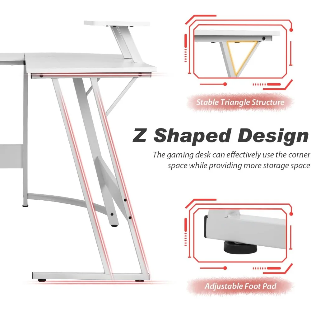 مكتب ألعاب وزاوية للكمبيوتر بتصميم واسع على شكل حرف L للاستخدام المنزلي والمكتبي