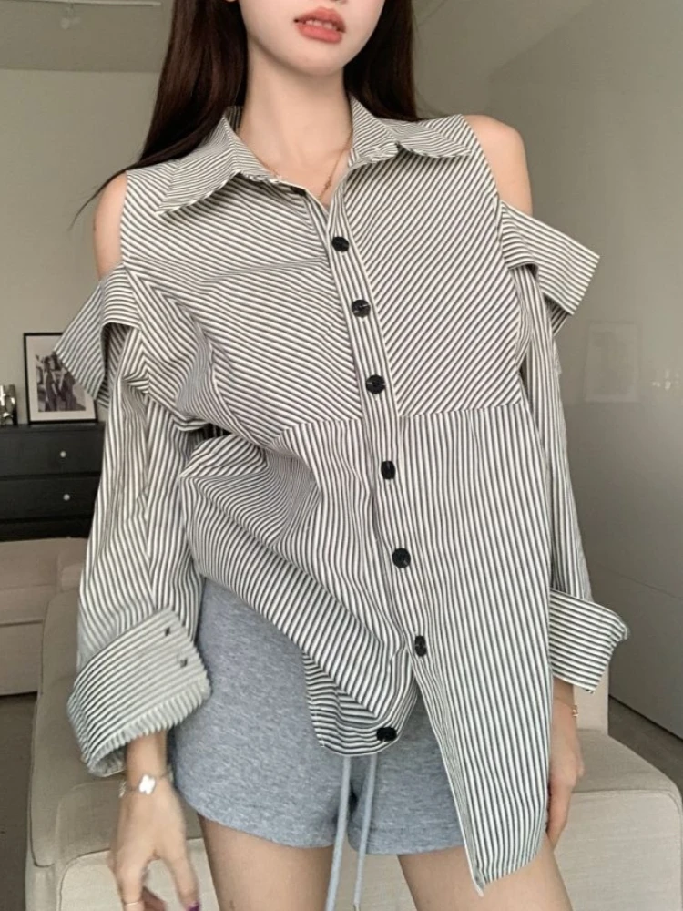 Summer Striped Off-shoulder Shirts for Women Fashion POLO Collar Sunscreen Long Sleeves Shirt Simple Versatile Blouse Women