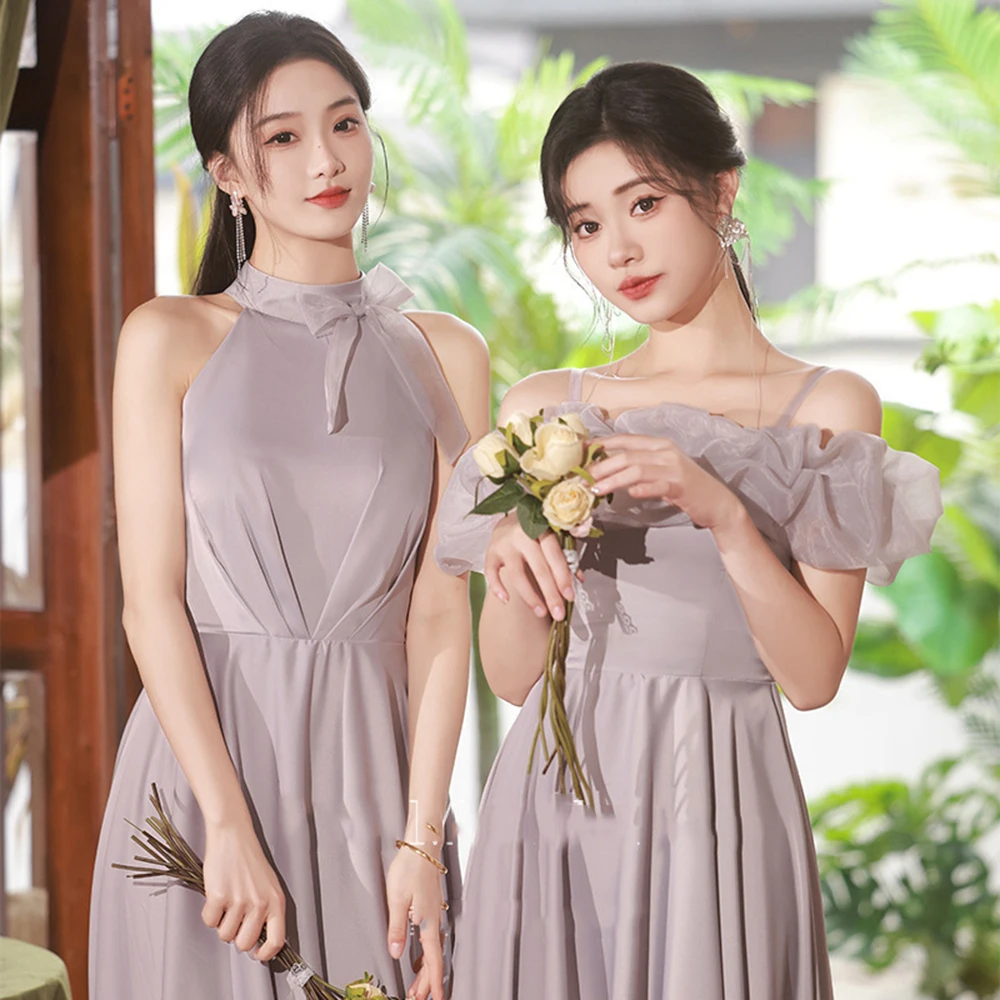 4 Styles Grey Pink Bridesmaid Dress Women Elegant Off The Shoulder Pleated Collar Prom Gown Patchwork Satin A-Line Vestido