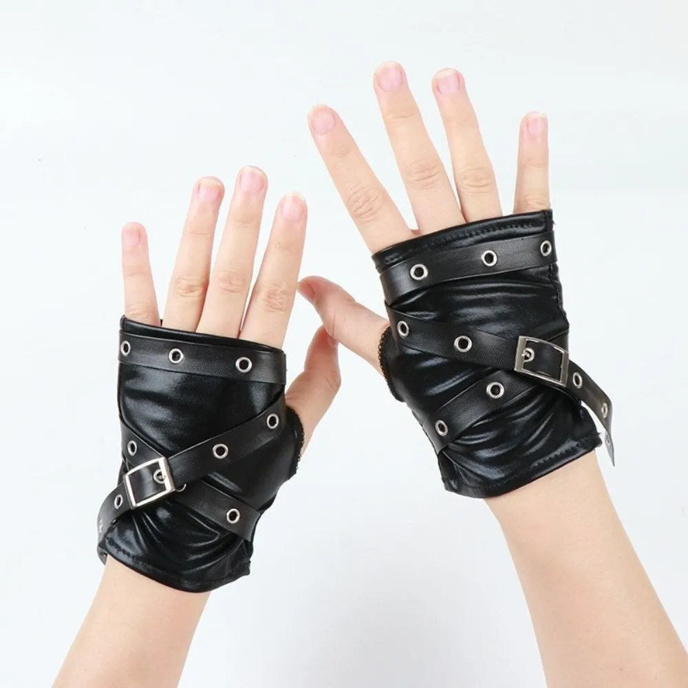 Cool Black Fingerless Gloves Metal Buckle Wristband Elastic Lacquer Leather Gloves Half Finger Gothic Gloves Halloween Costume