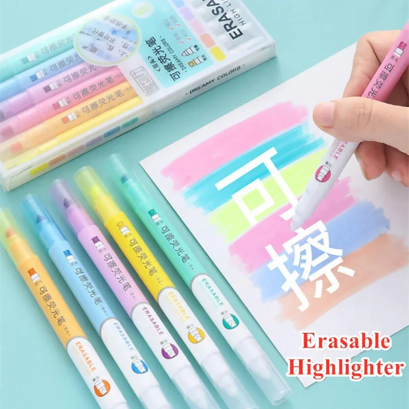 6 Colors Erasable Highlighters Set Double-Ended Pastel Markers for Students Study Note-taking Bullet Journal Planner Drawing