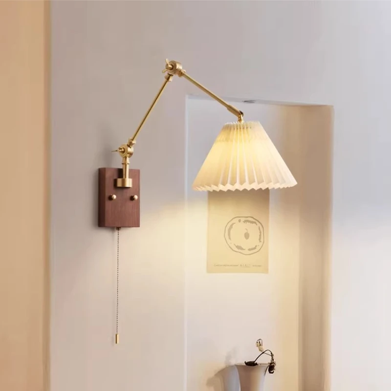 Copper Swing Long Arm LED Wall Lamp Pull Chain Switch Up Down Left Right Rotate Walnut Sconces Bedroom Bedside Study Wall Lights