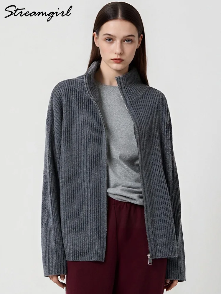 

Streamgril Turtleneck Cardigans Women Long Sleeves Autumn Winter Knitted Sweaters Dark Gray Jackets Knitwear Women's Cardigans