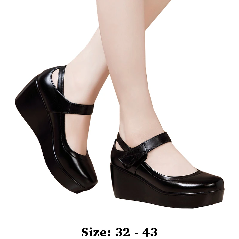 

high quality leather shoe for women 6cm wedge high heel platform round toe 32 33 42 43 elegant and fashion shoe white red black
