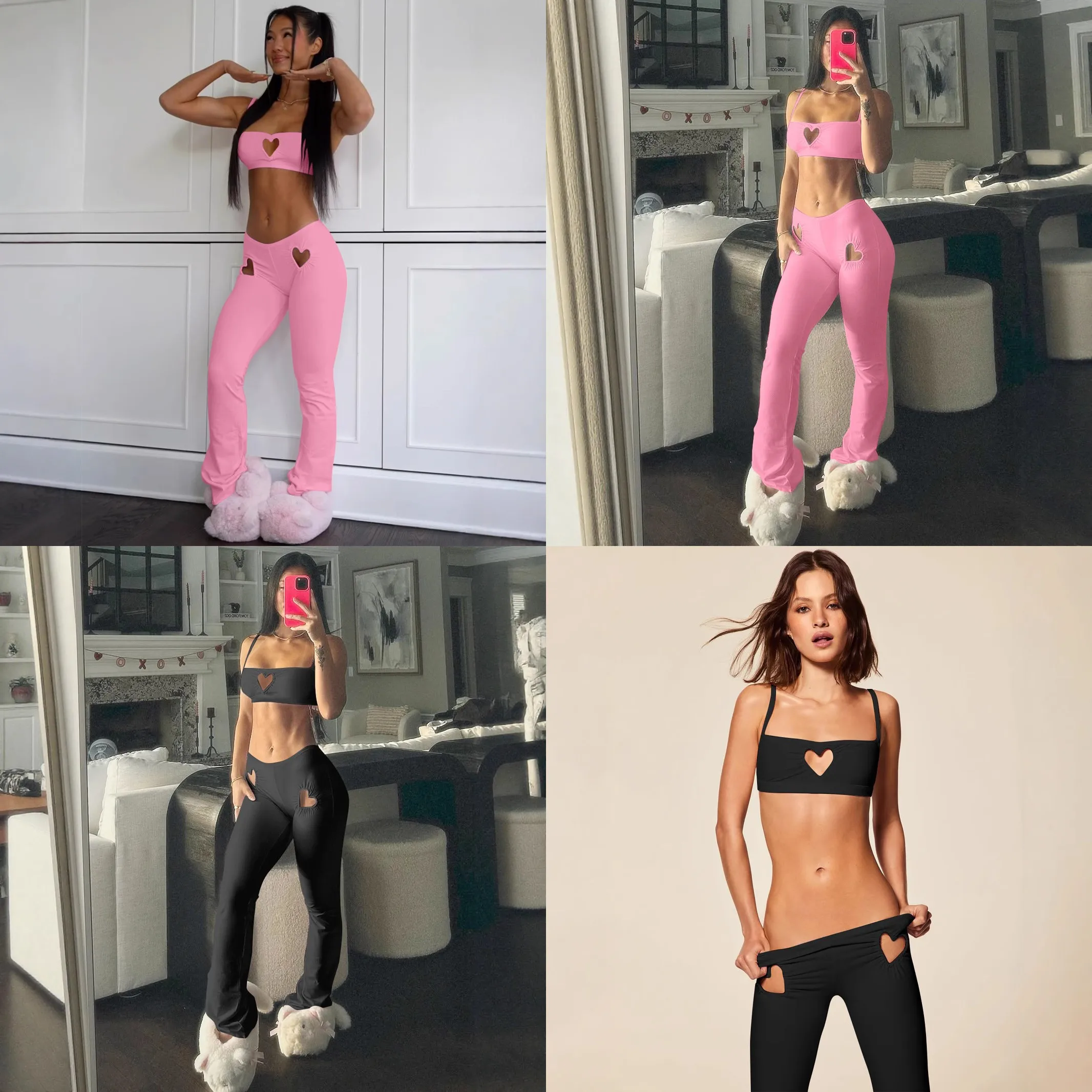 Women Summer Matching Set Heart Cut Out Sexy Tube Top Blouse Tee And Pants Jumpsuit Tracksuit Two Piece Set
