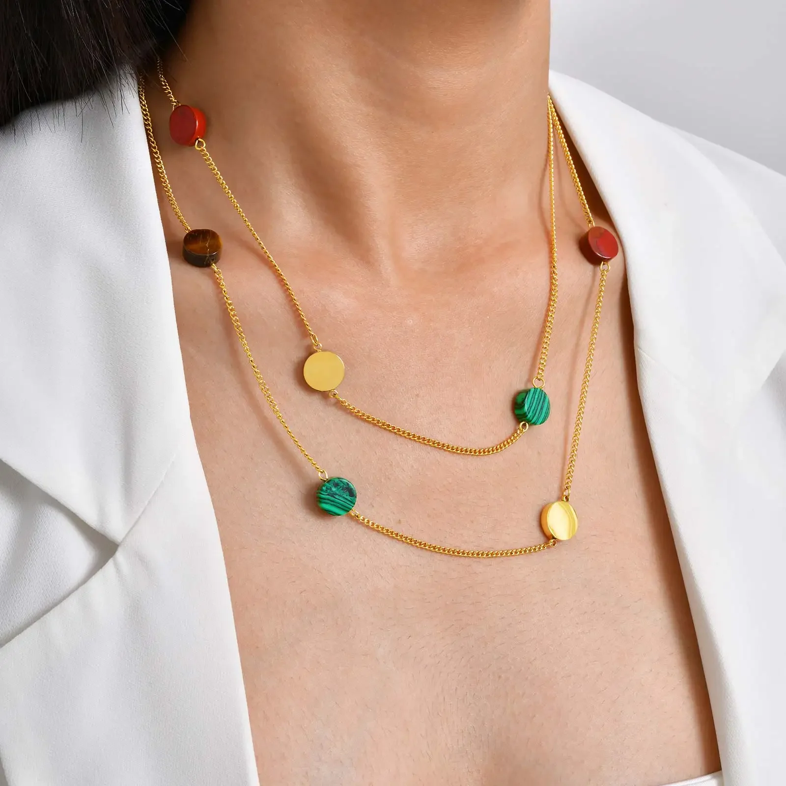 Personalized Colorful Round Natural Stone Long Chain Necklace for Women, Gold Plated Stainless Steel Stackable Charm Necklace