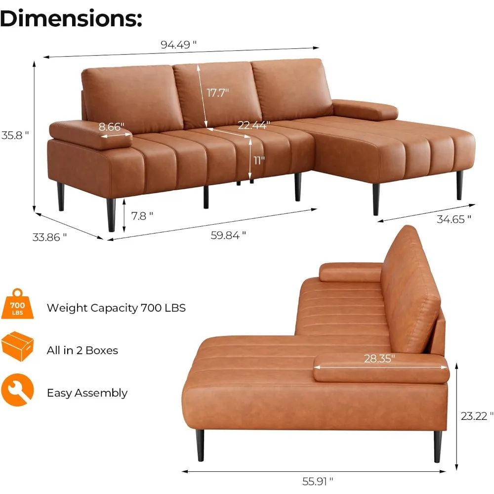 Sectional Couch for Living Room,94.5'' Faux Leather L-Shaped Sofa Couches,Modern Upholstered 3 Seat Couch with Removable Armrest